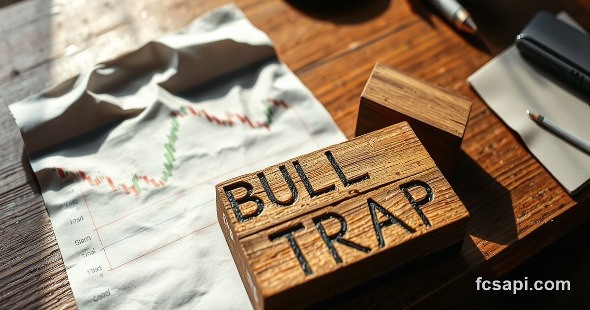 Worn trading desk with Bitcoin chart and "BULL TRAP?" carved in wood.