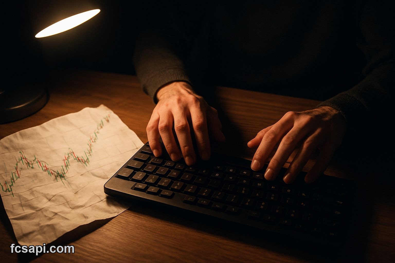 Person's hands hovering over a keyboard, hesitant to enter a trade.
