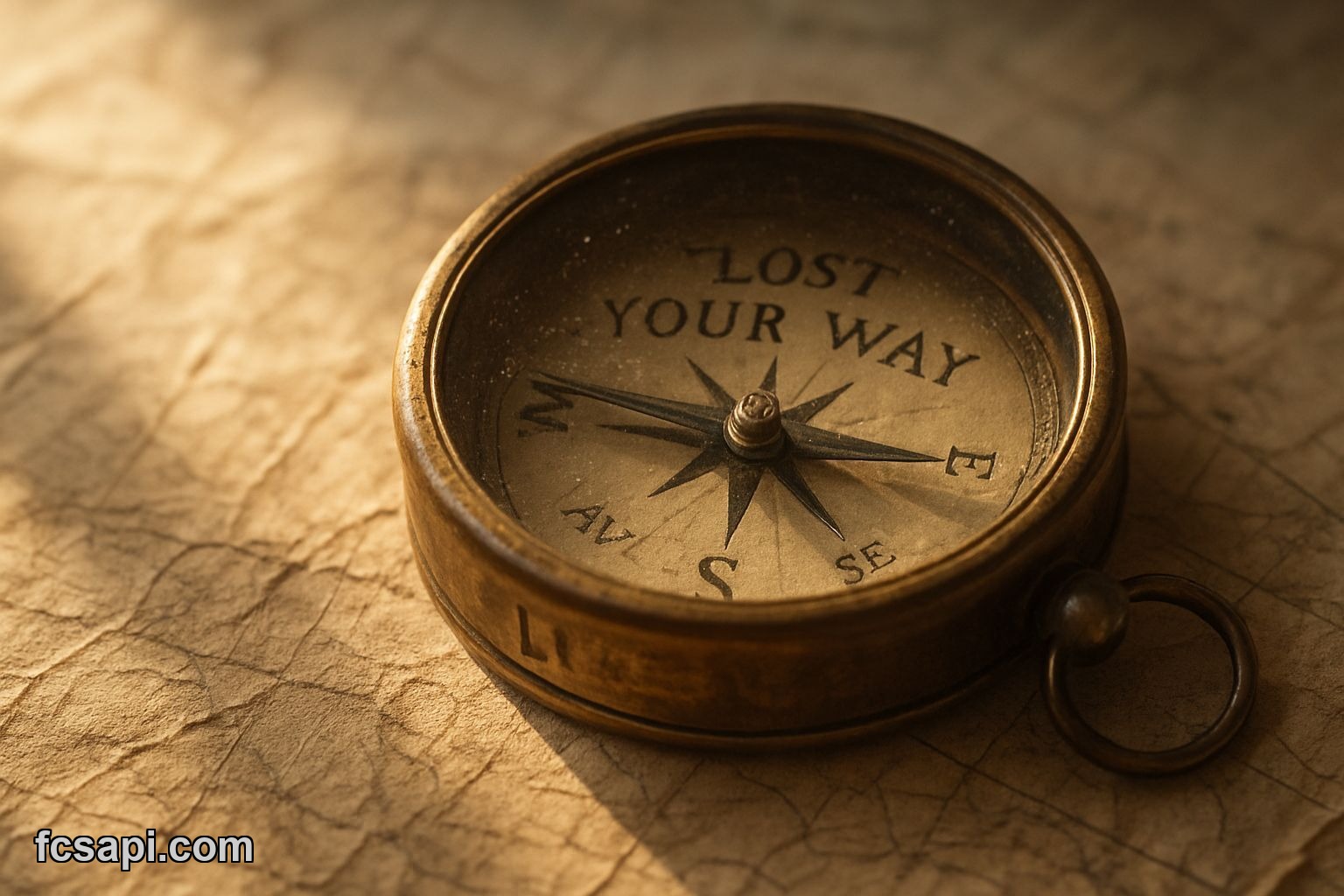 Antique compass on a creased map, showing "Lost Your Way?" etched into brass.