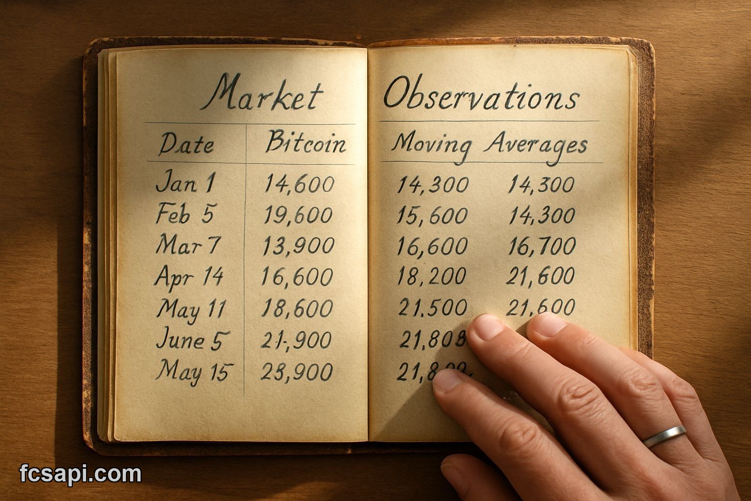 Top-down view of a ledger with Bitcoin market observations and data.