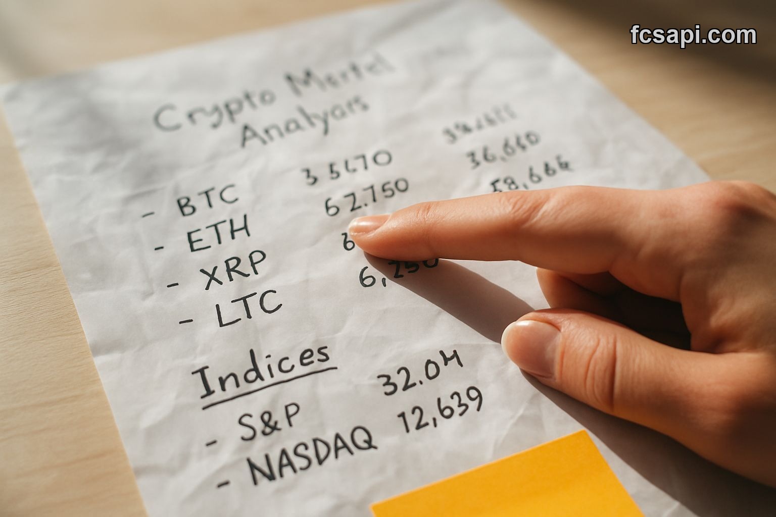 Woman's hand pointing at crypto analysis notes, "Wait & See?" handwritten.