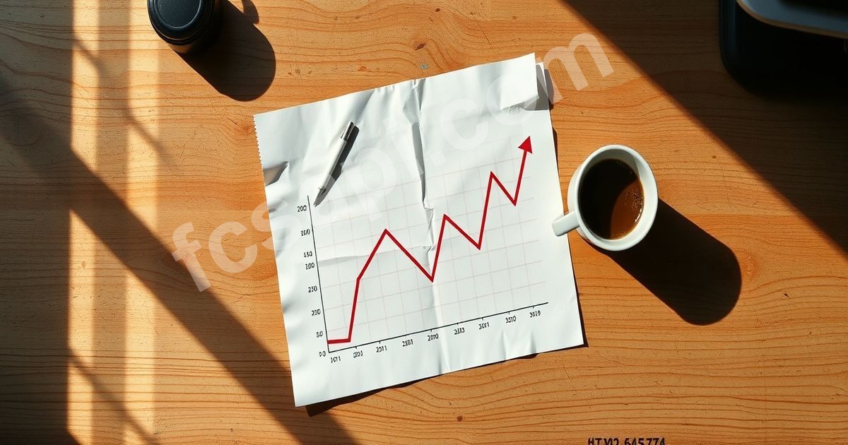 Top-down view of a Bitcoin chart printout and coffee on a desk.