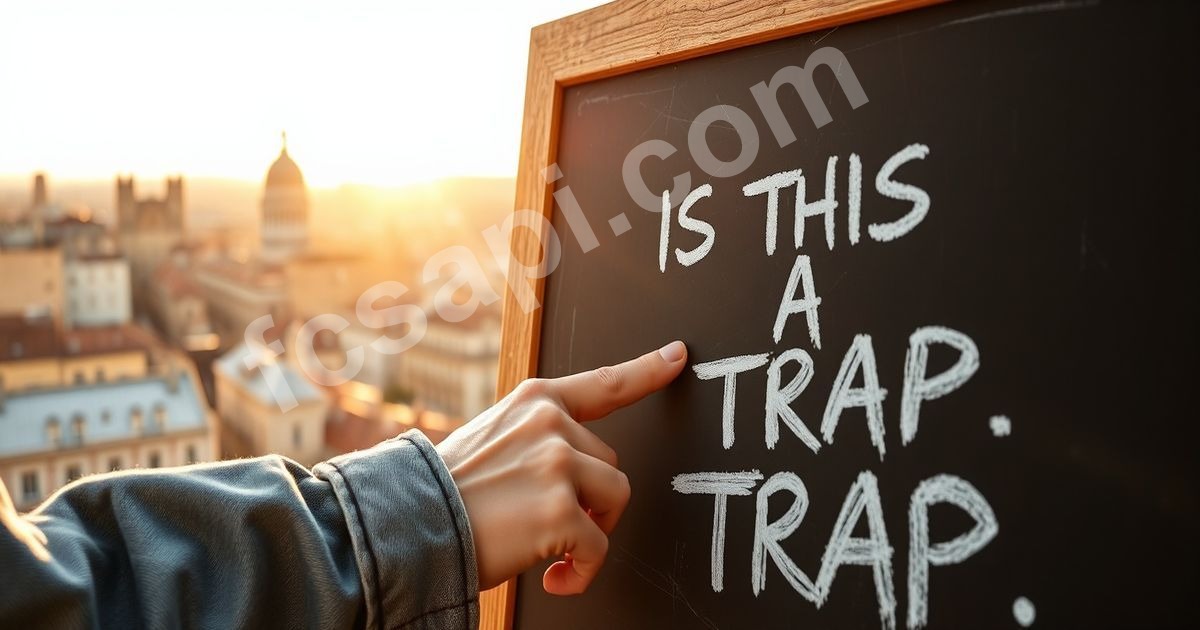 Woman pointing at a chalkboard with "IS THIS A TRAP?" on a city background.