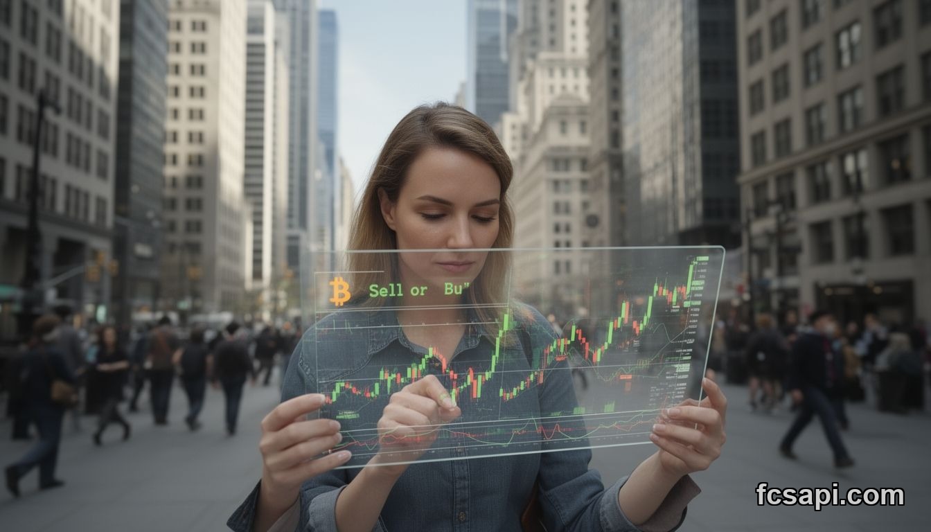 Crypto trader studying Bitcoin price forecast in city.