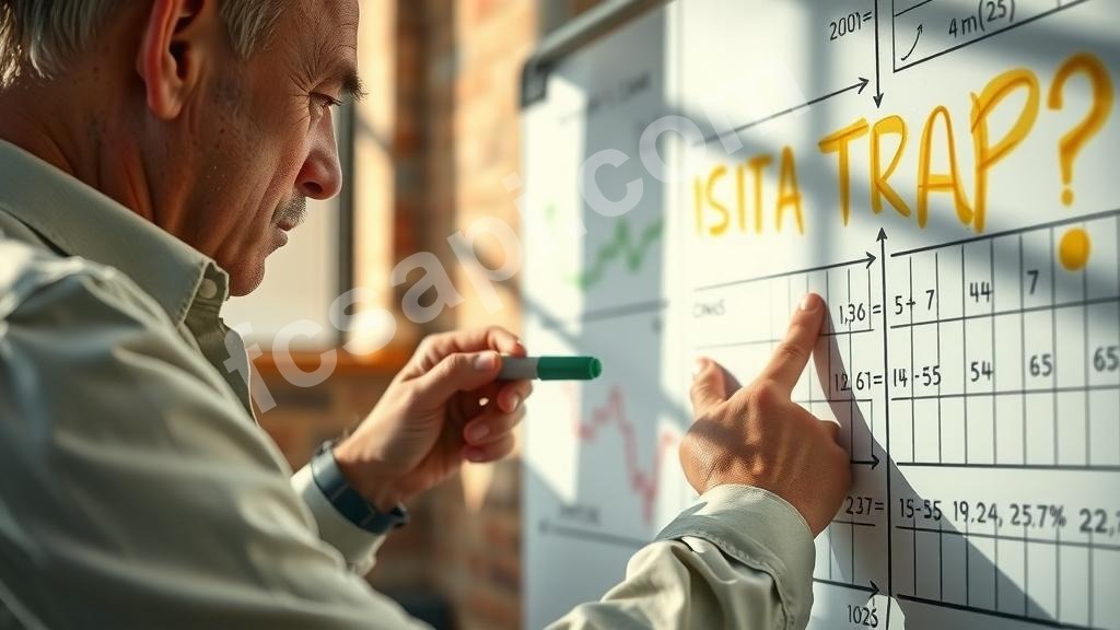 Trader pointing at conflicting Bitcoin data on a grimy whiteboard.