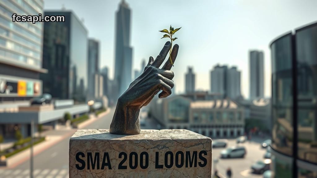 Bronze hand holding sprout, city background, "SMA 200 LOOMS" text, BNB analysis.
