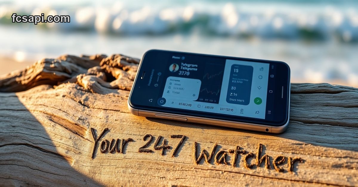 Telegram trading bot alerts on smartphone at beach with ocean background