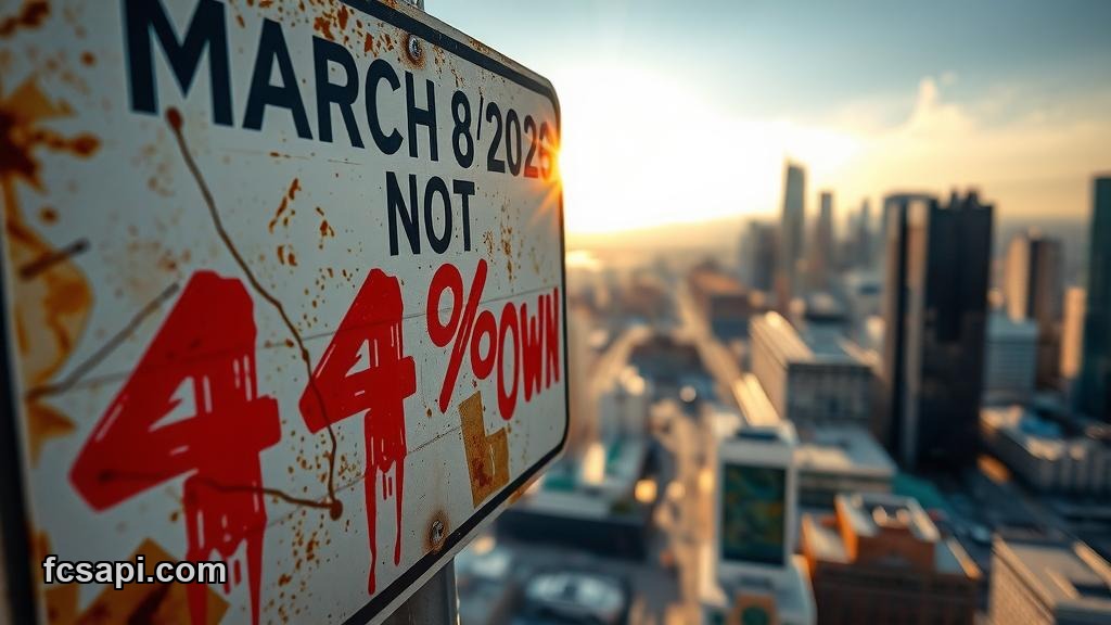 Weathered street sign, "44% DOWN", cityscape, Crypto Total Market Cap.