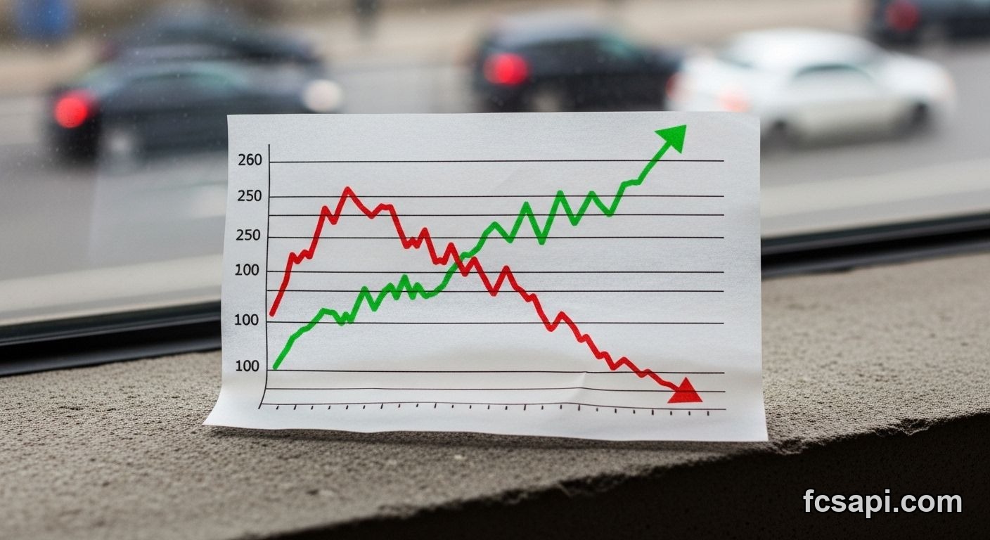 Close-up of conflicting chart lines on financial paper