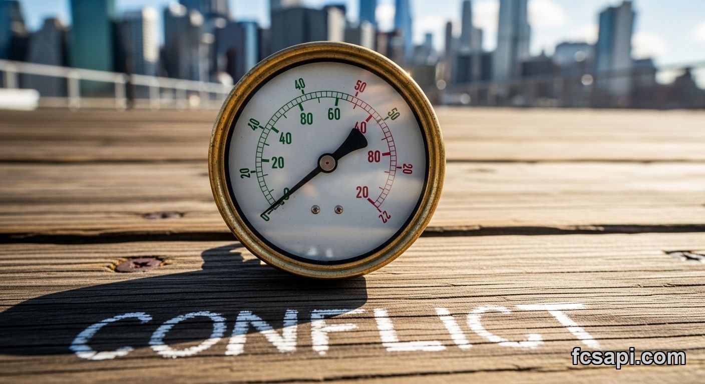 Pressure gauge reflects crypto market cap conflict on sunny pier