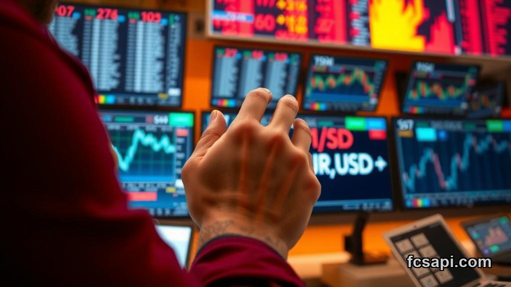 Trader's hand adjusts screen, EUR/USD chart spike.