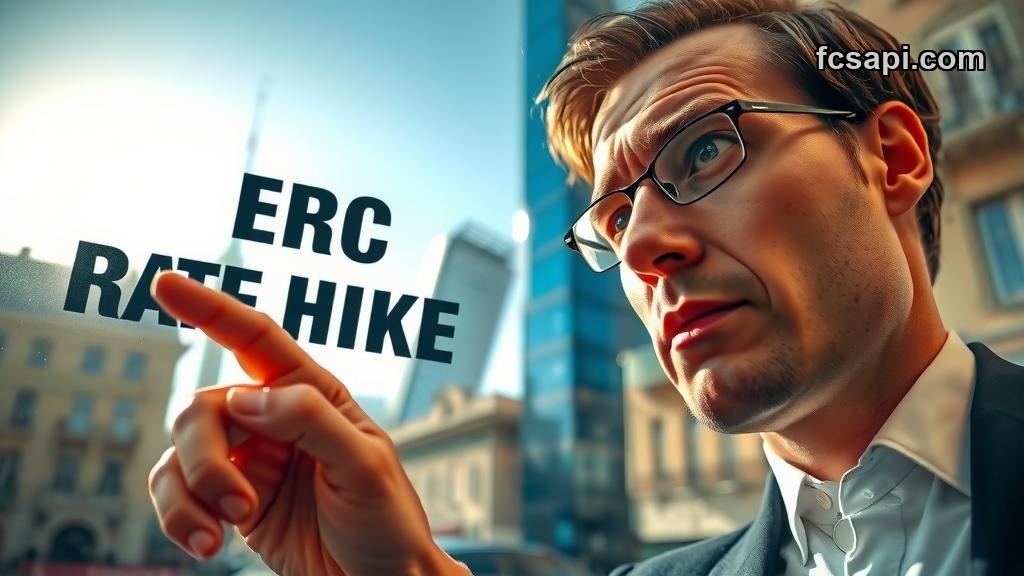 Trader points at ECB Rate Hike text over city skyline, March 2026.