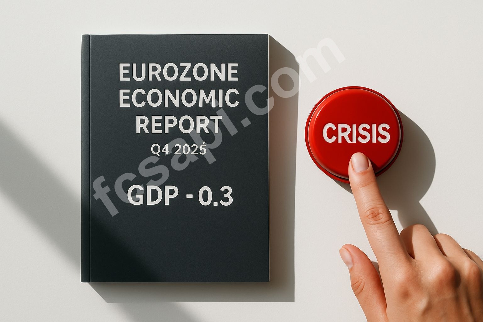 Flat lay of Eurozone Q4 2025 GDP report and a crisis button.