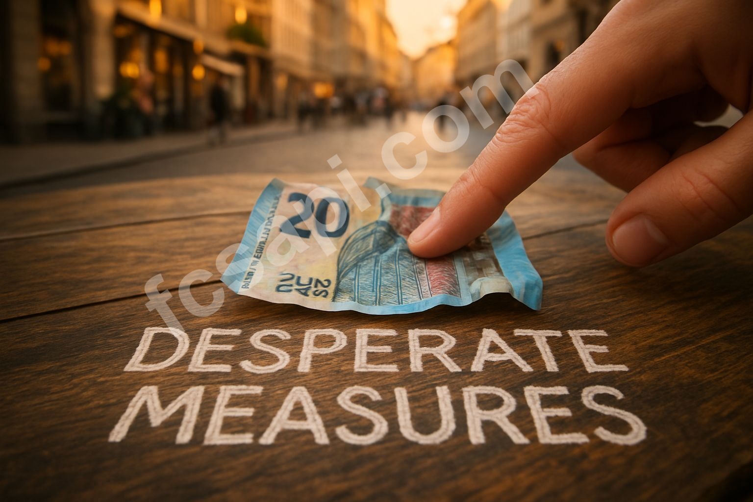 Crumpled Euro bill on wooden table with "DESPERATE MEASURES?" text.