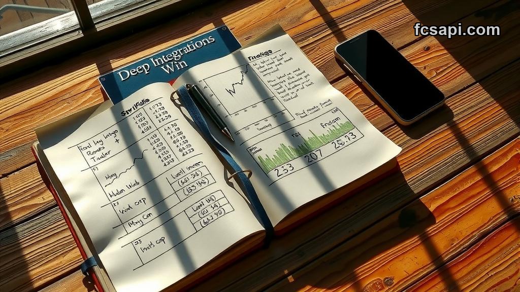 Worn notebook, smartphone, metallic plaque "Deep Integrations Win" on desk.