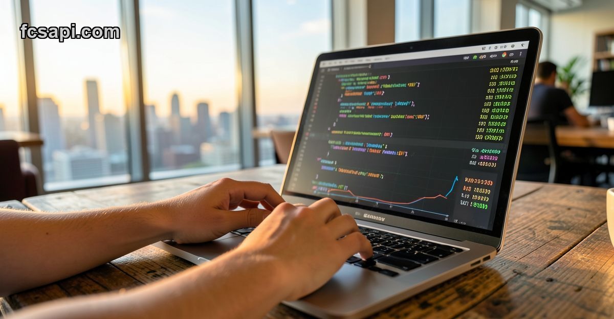Developer using FCS API crypto data on laptop with live Bitcoin prices