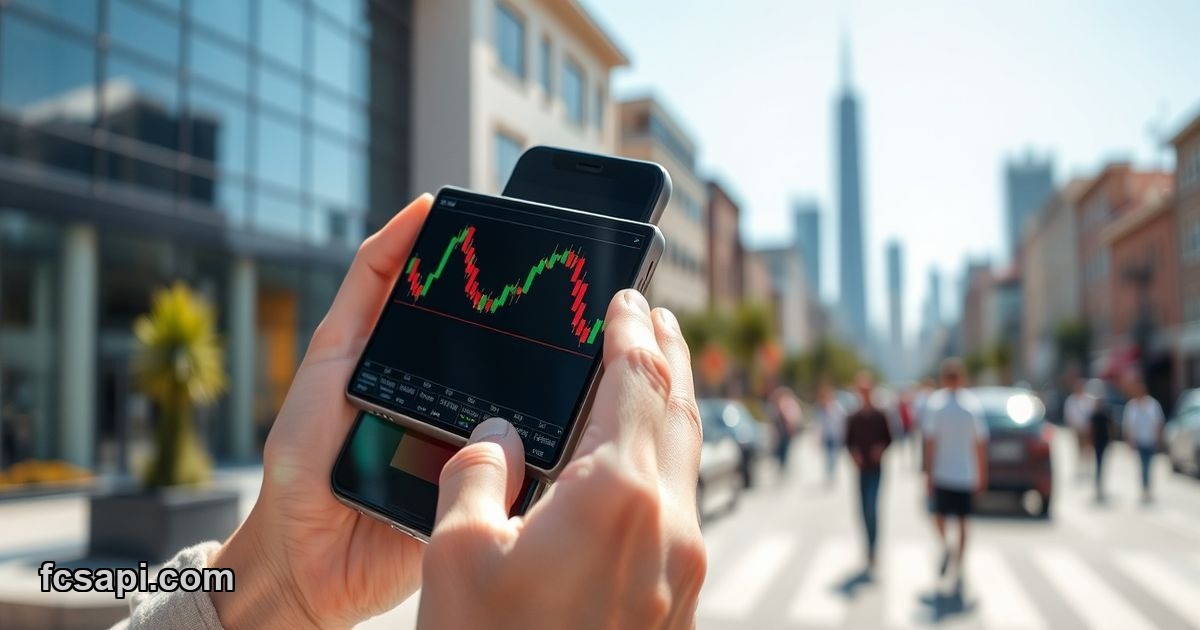 Person checking live forex rates on FCS API mobile app