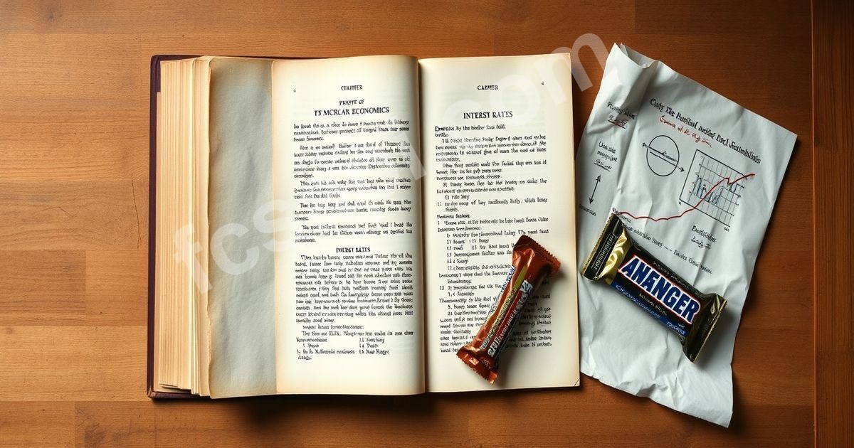 Textbook on macroeconomics with hand-drawn charts and energy bar