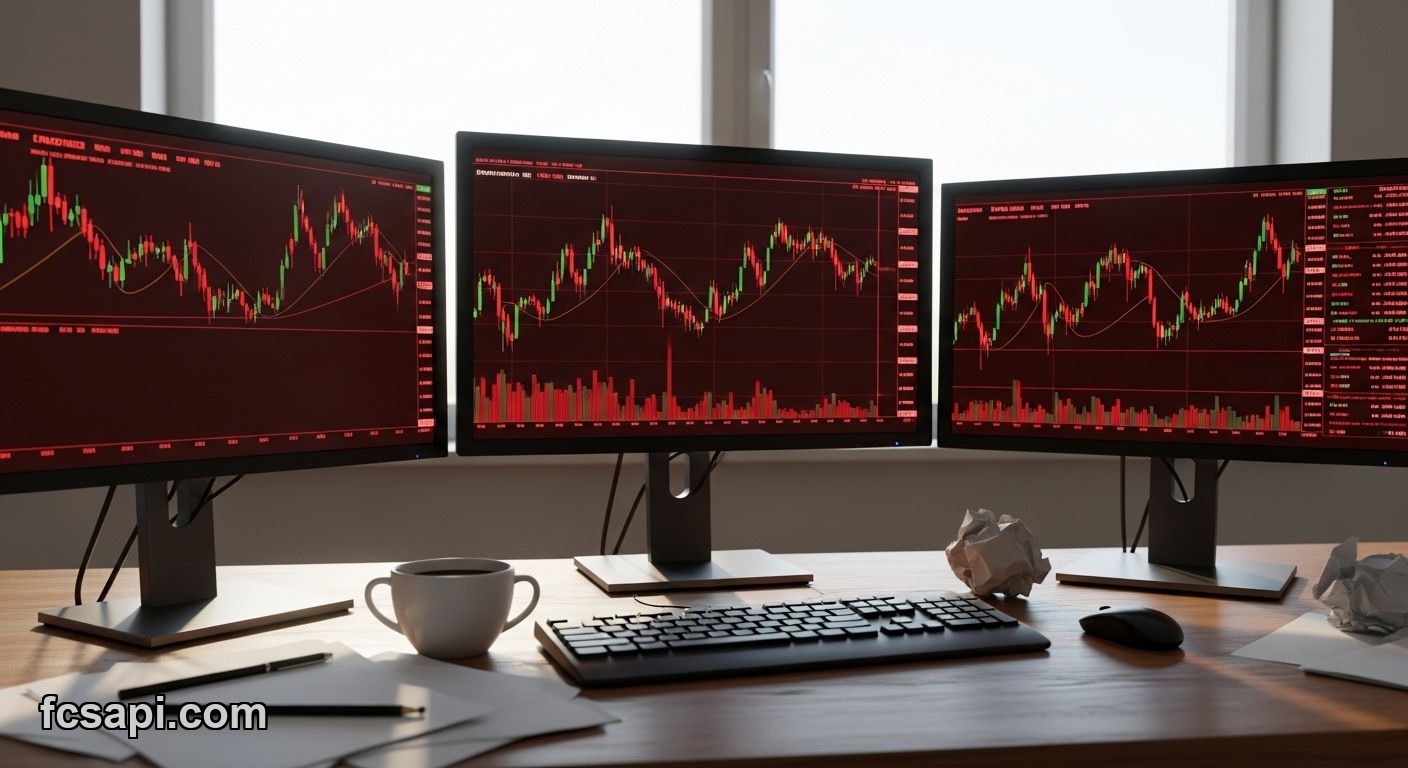 Trading desk with monitors showing plummeting currency charts after Fed announcement.