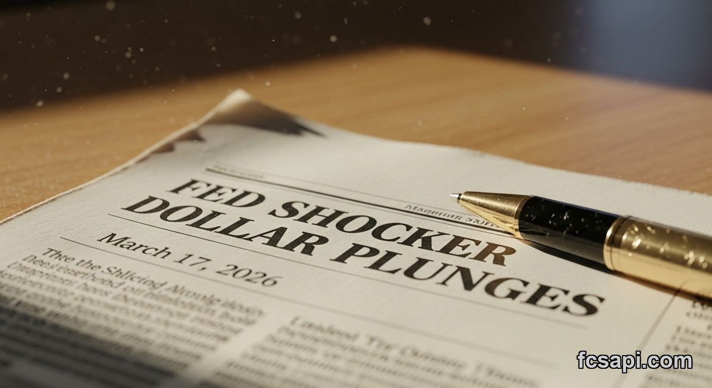 Worn newspaper headline on wooden desk announces dollar plunge after Fed shock.