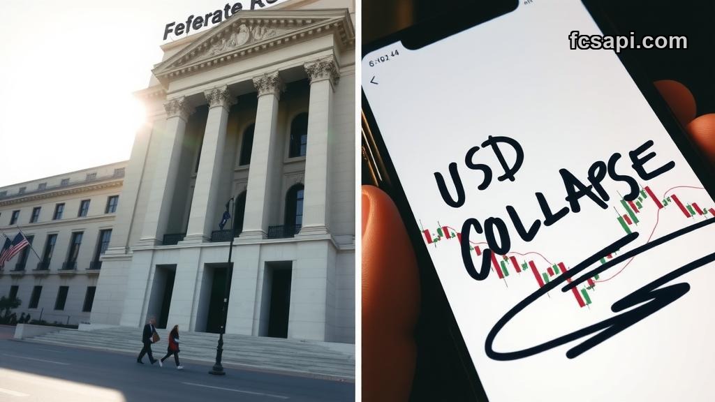 Federal Reserve building vs. plummeting currency chart