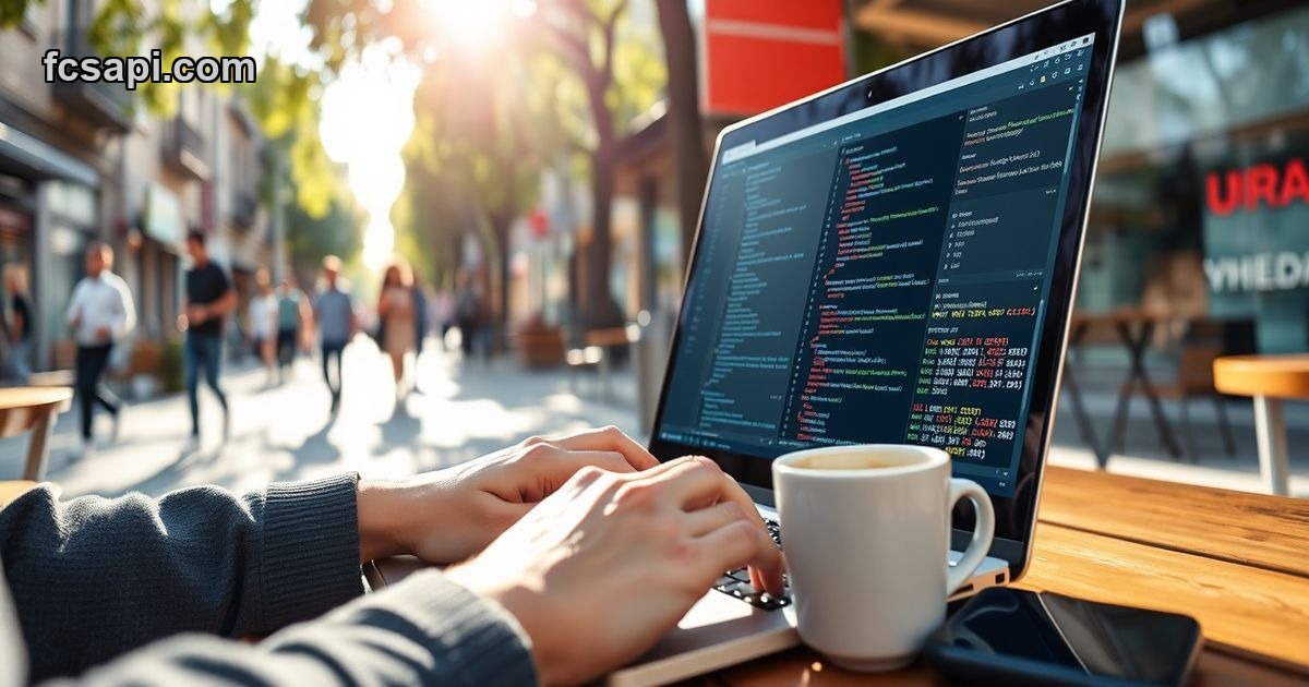 Developer comparing forex API documentation on laptop outdoors