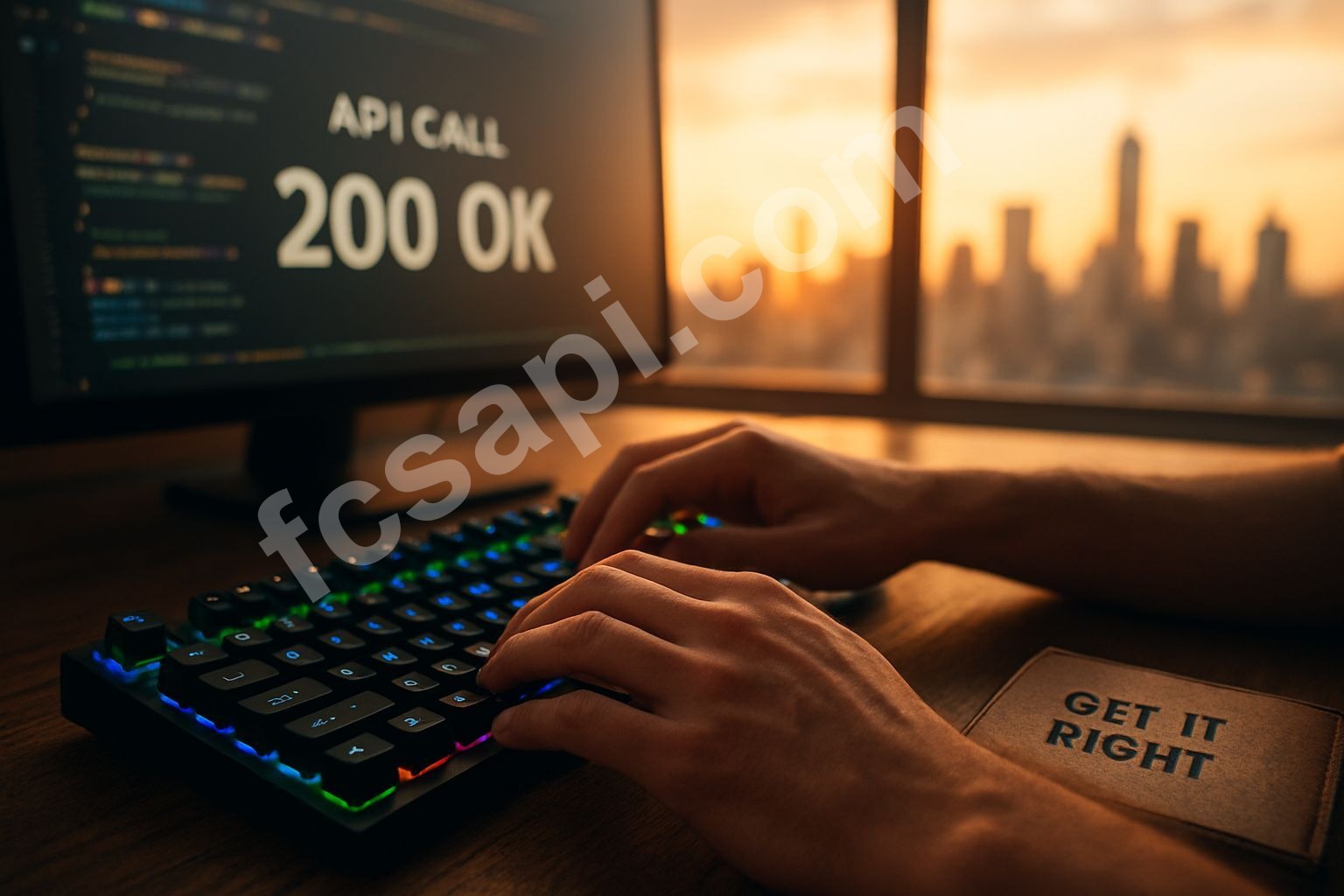 Programmer's hands typing, screen shows HTTP 200 OK, city skyline background.
