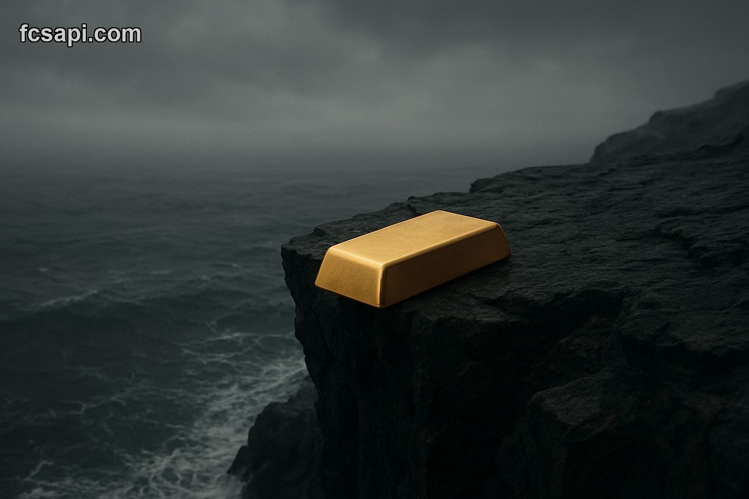 Gold bar precariously balanced on a cliff edge.