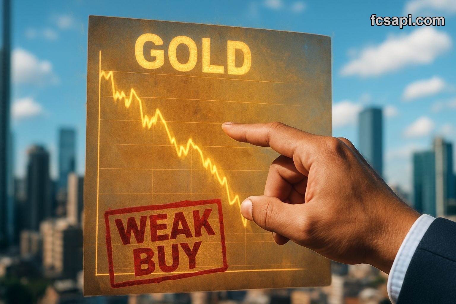Trader analyzing holographic GOLD / U.S. DOLLAR chart with 'WEAK BUY?' text.