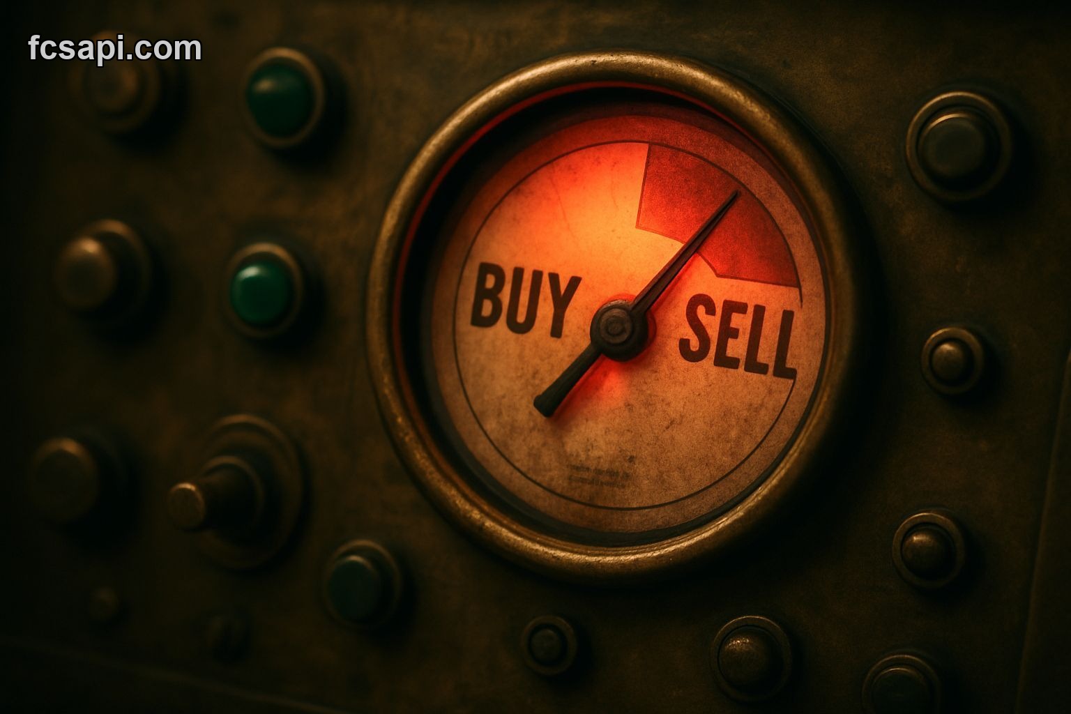 Old brass control panel, one gauge showing a red "SELL" signal.