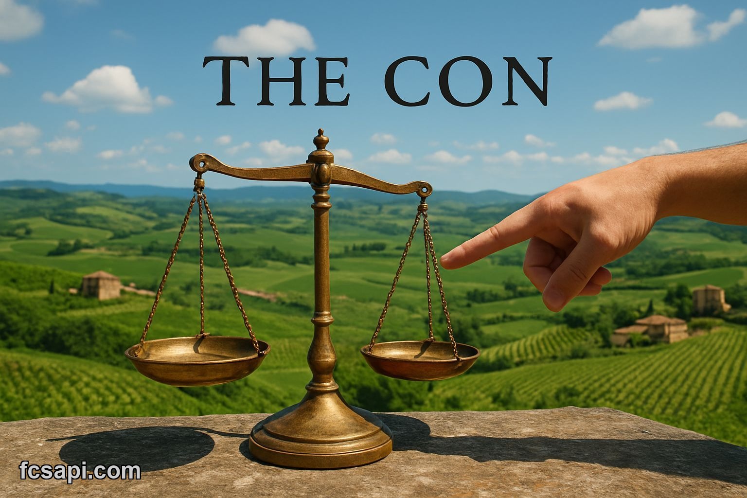 Person pointing at a golden balance scale with "THE CONTRADICTION" text, Tuscany background.