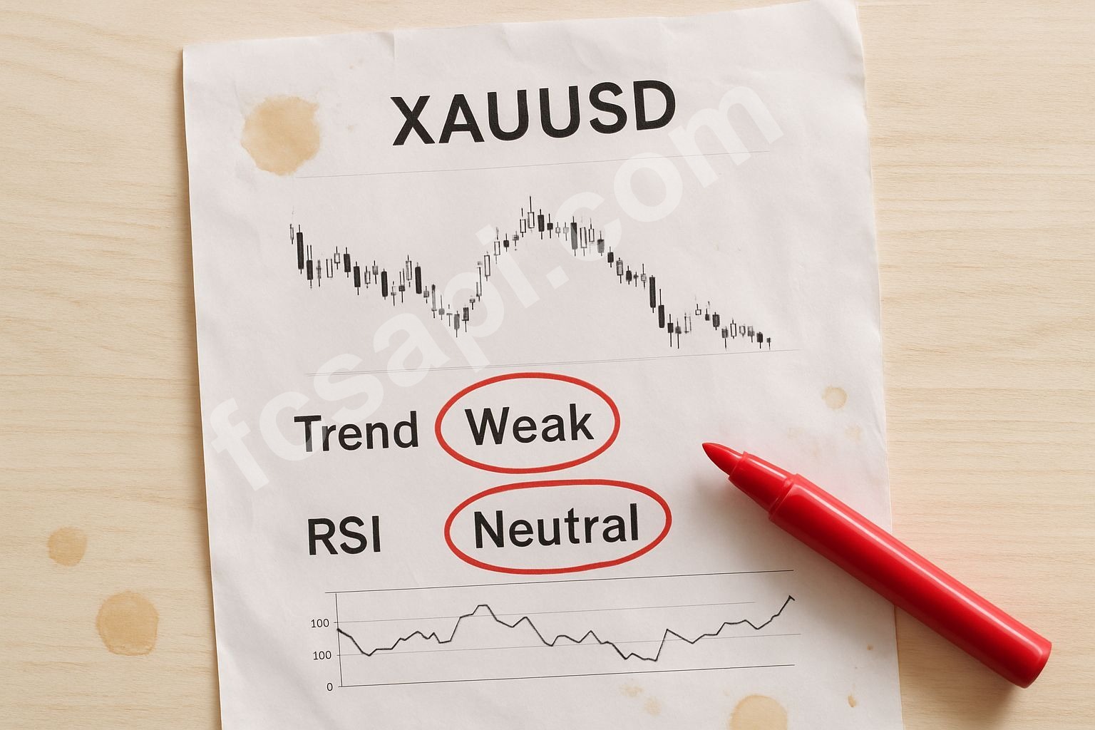 Flat lay of XAUUSD data sheet with "Weak Trend" circled.
