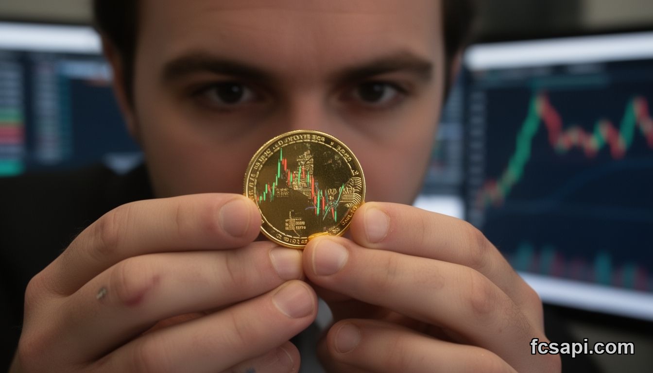 Person holds gold coin reflecting stock chart, "WHAT IF?" on paper.