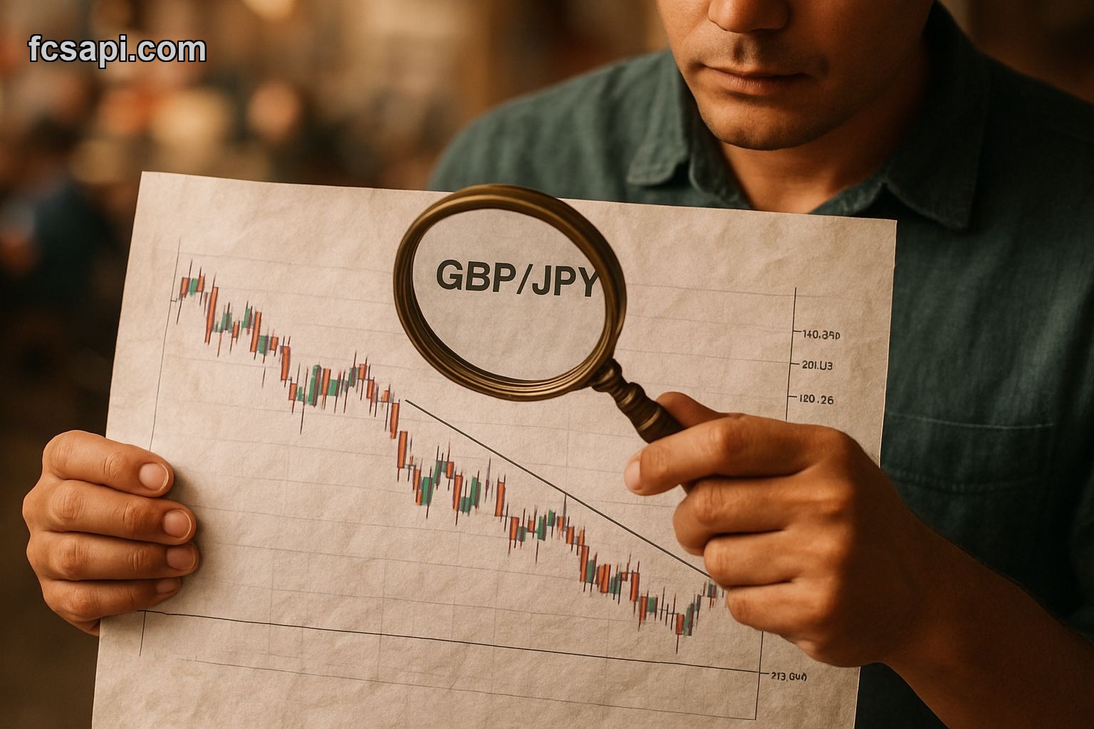 Person scrutinizing a GBPJPY candlestick chart with a magnifying glass in a vibrant Tokyo market.