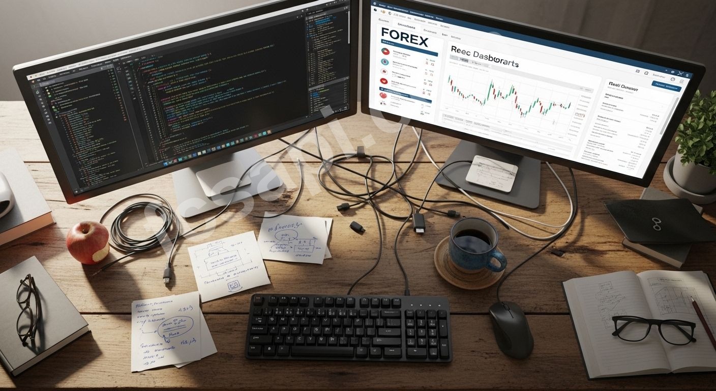 Developer's desk with code and forex dashboard UI.