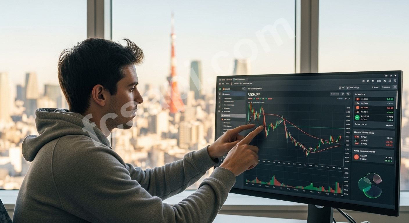 Developer analyzing forex dashboard in front of Tokyo skyline.