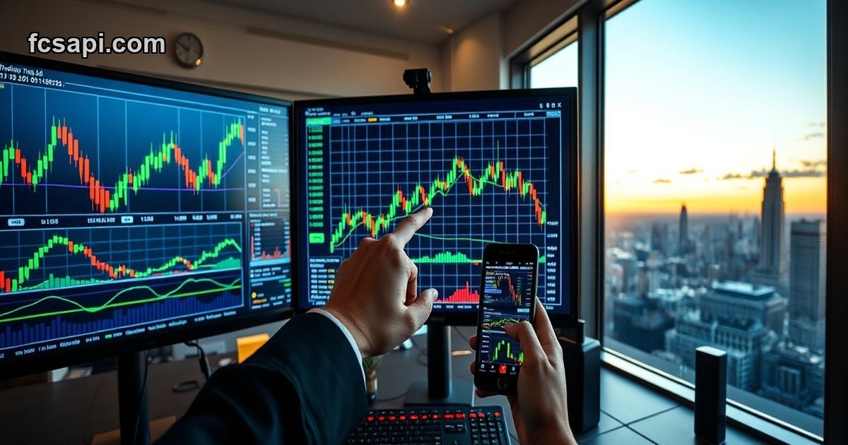 Real-time trading dashboard with live market data on multiple monitors