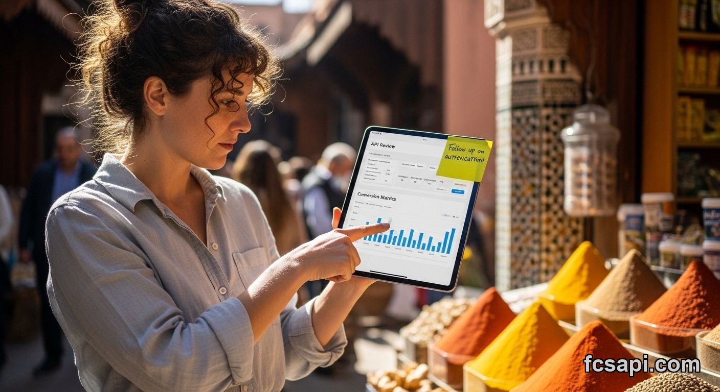 Developer reviewing API content conversions in a sunny market.