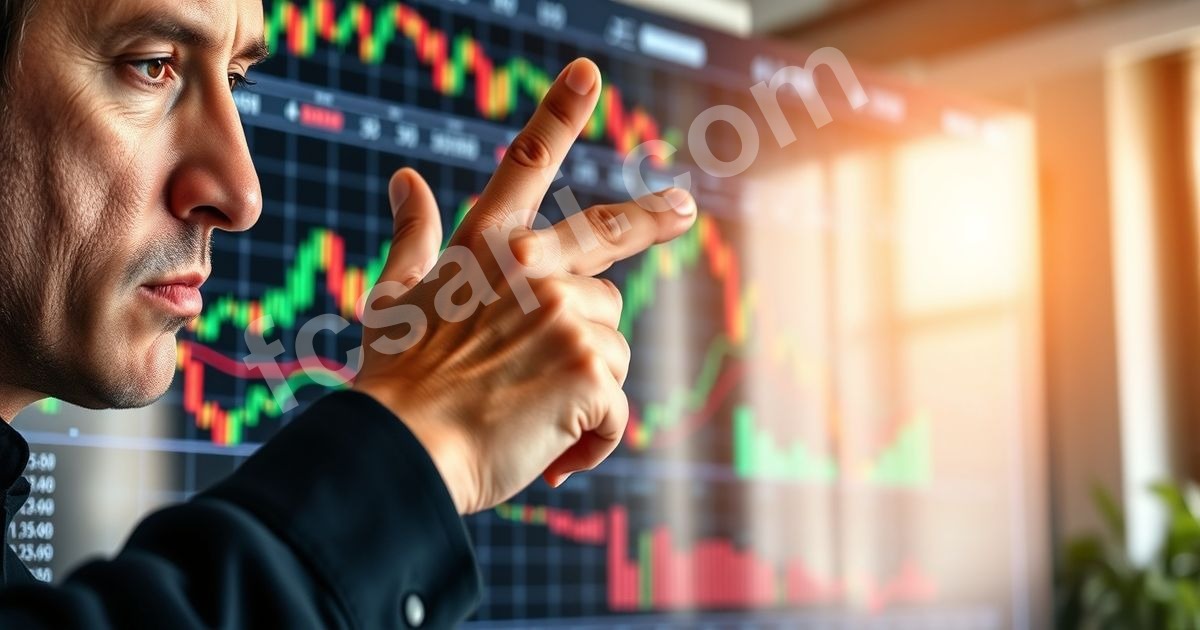 Hand pointing at technical indicator chart on screen.