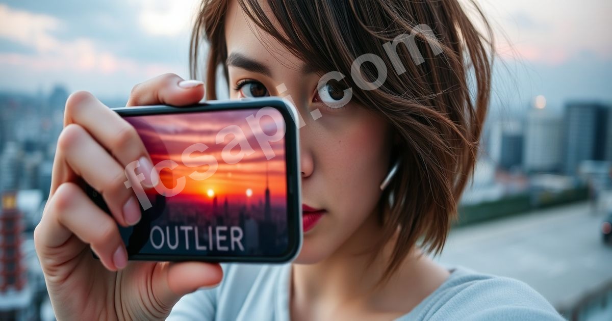 Woman looking at phone with FCSAPI chart data and "OUTLIER?" text.