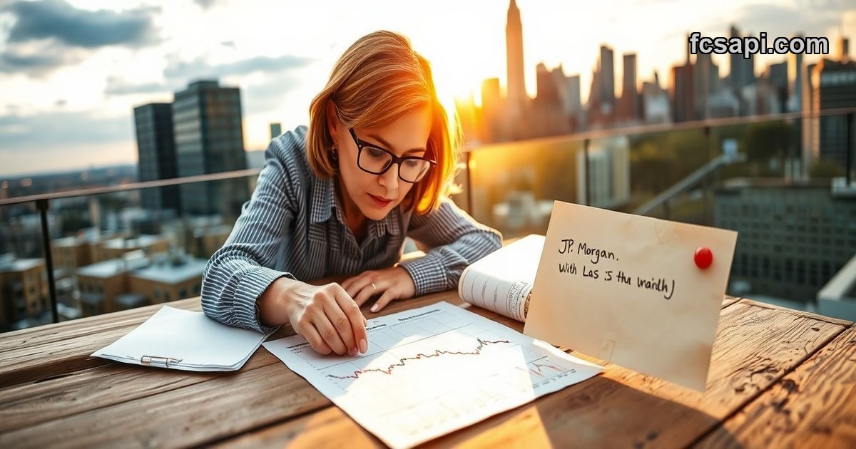 Woman studying JP Morgan Chase & Co. stock charts on wooden table at sunset.