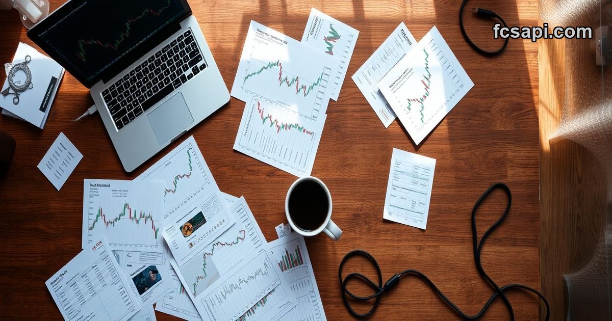 Flat lay of messy desk with conflicting crypto data.