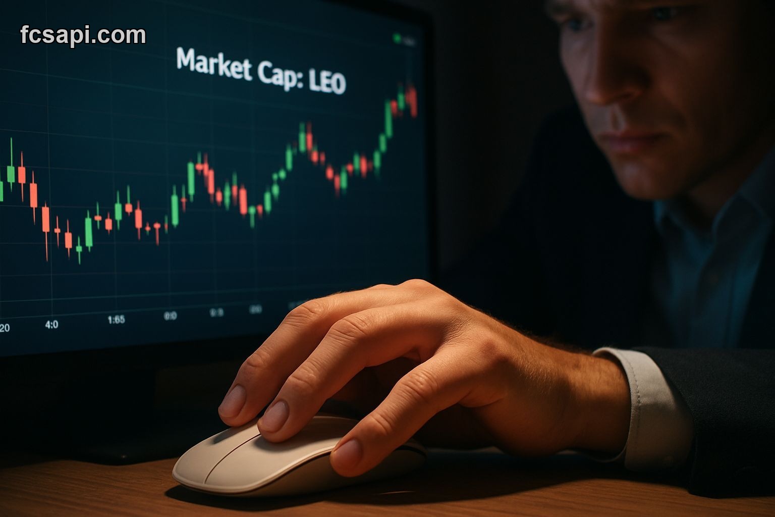Trader's hand hovering over mouse, contemplating Market Cap LEO, $ trade.