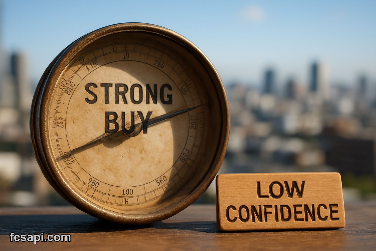 Worn compass dial showing 'Strong Buy' with a 'Low Confidence' wooden plaque, bustling city background.