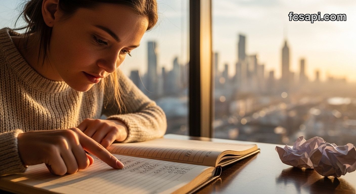 Woman studying ledger against city skyline, pondering "what if"