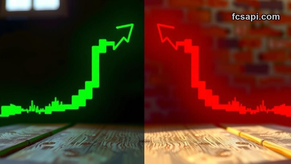 Divergent bullish and bearish candles on a wooden table.