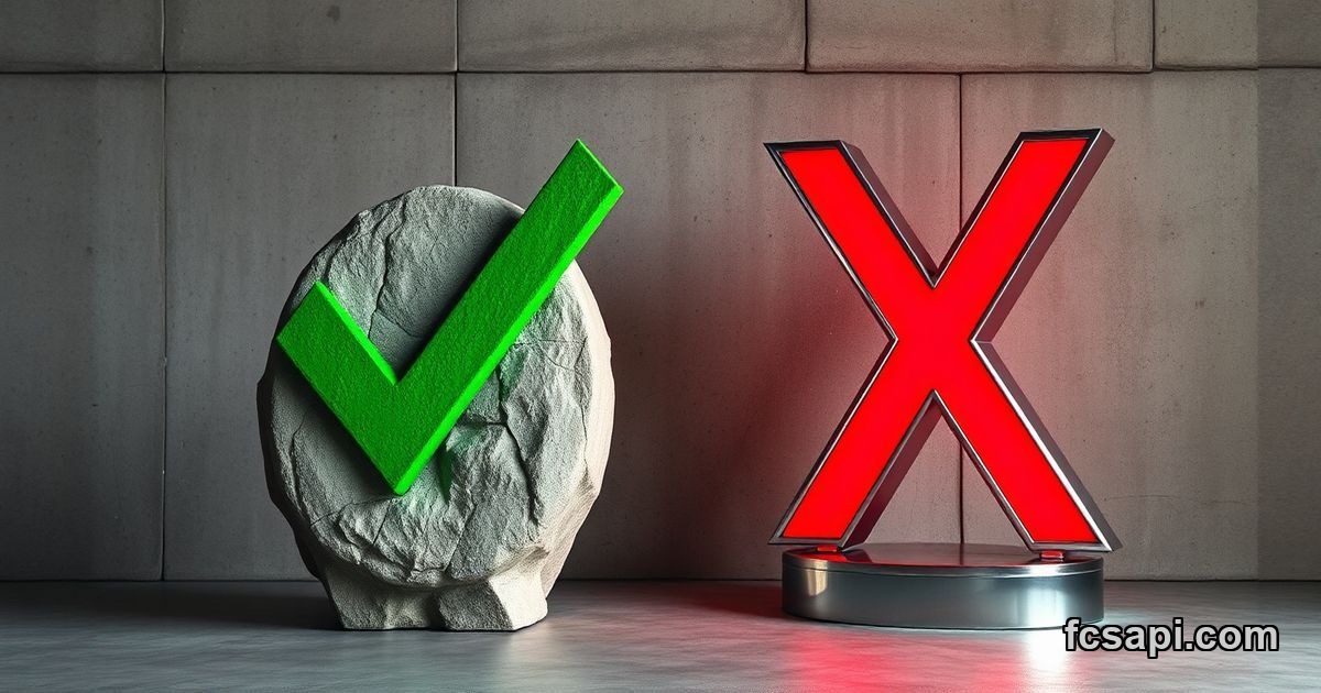 Green stone checkmark next to glowing red X on concrete.