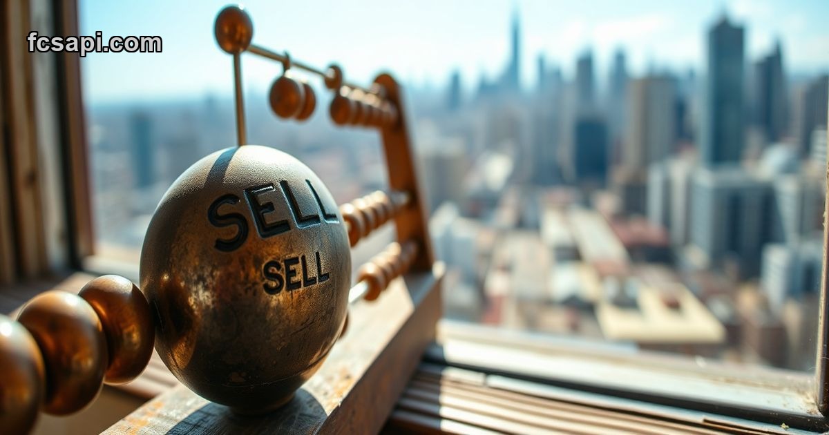 Worn abacus with 'SELL' etched on bead, vibrant city skyline background.