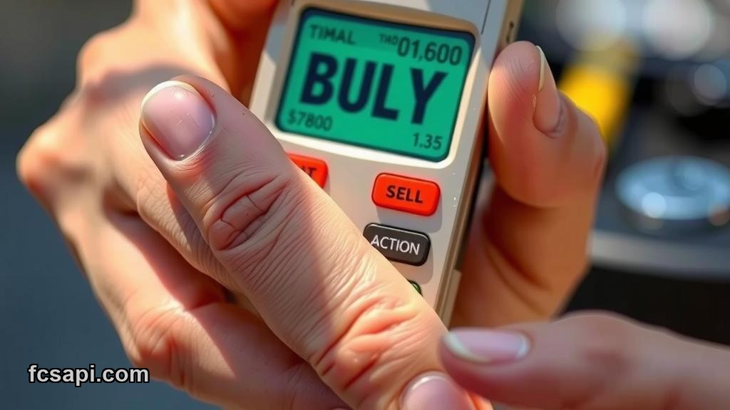 Human hands hesitating over conflicting buy/sell signals on a phone.