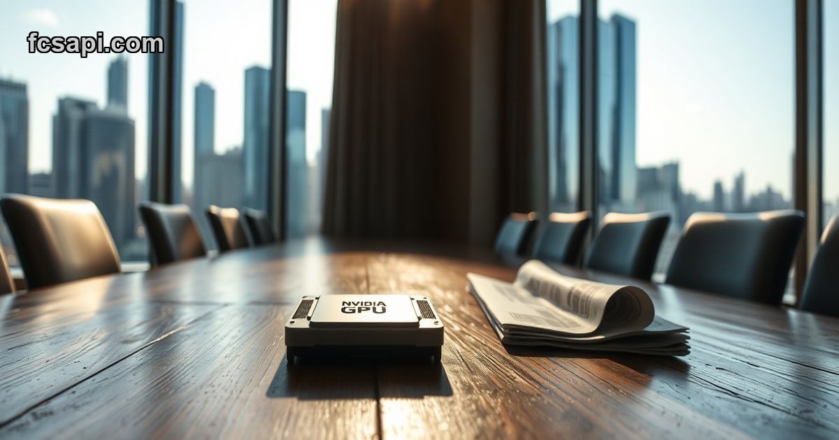 NVIDIA GPU chip on wooden table with city skyline background